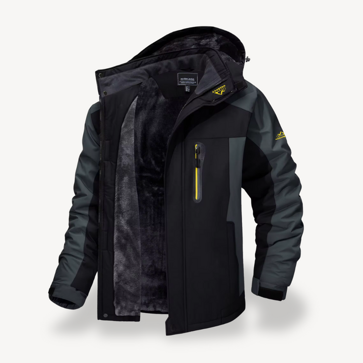 Men's waterproof hooded winter jacket for outdoor adventures. Insulated, multipocket, cold-weather protection.