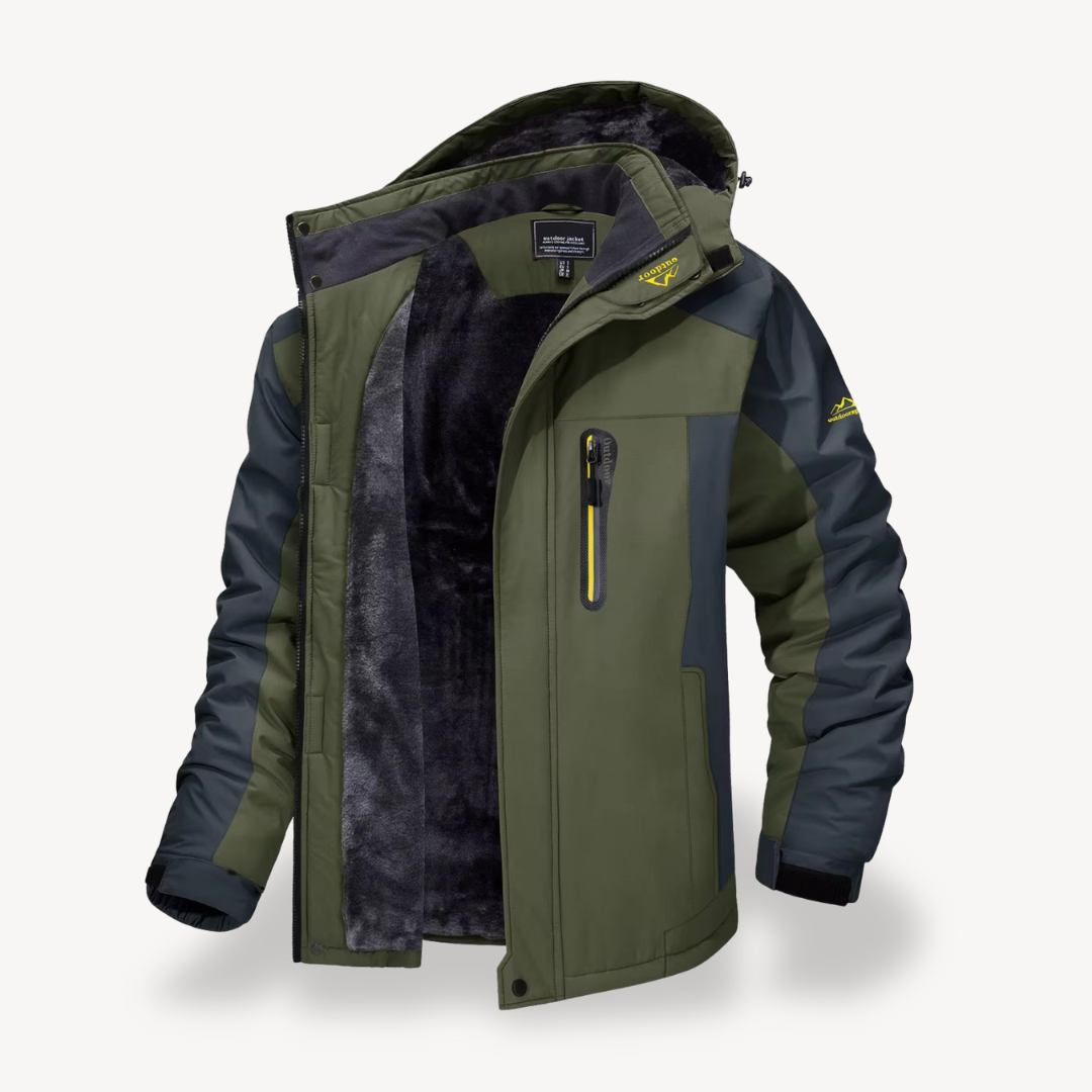 Stylish men's insulated winter jacket, waterproof & hooded. Ideal for hiking, casual wear & cold weather protection.