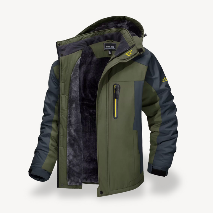 Stylish men's insulated winter jacket, waterproof & hooded. Ideal for hiking, casual wear & cold weather protection.