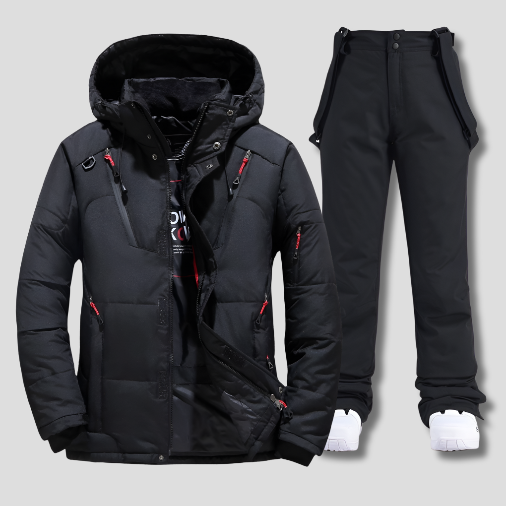 Men's weather-resistant ski suit, ideal snow apparel for winter sports like skiing and snowboarding. Cold weather gear.