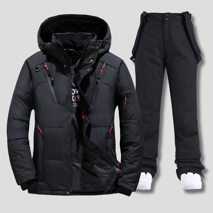 Men's weather-resistant ski suit, ideal snow apparel for winter sports like skiing and snowboarding. Cold weather gear.