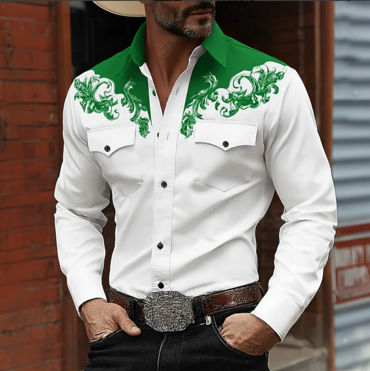Men's western embroidered button-up shirt, long sleeve, showcasing cowboy style and rugged elegance for stylish men.