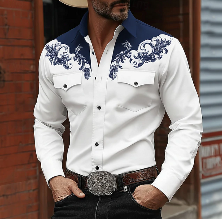 Stylish men's long-sleeve western shirt with intricate embroidery, a unique button-up perfect for a casual cowboy look.