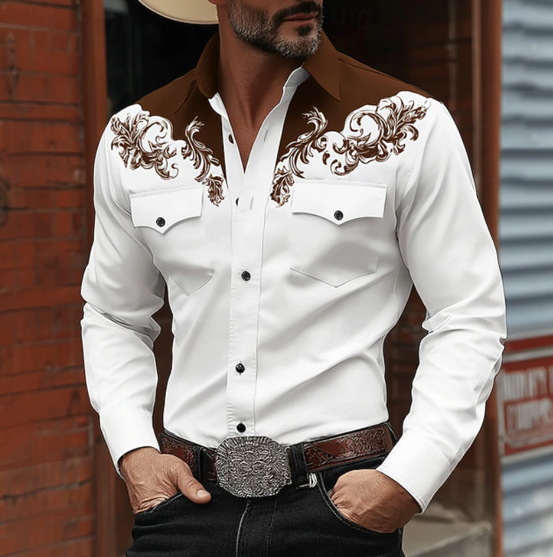 Rugged yet elegant men's western button-up shirt, embroidered details, perfect long-sleeve casual wear for modern cowboys.