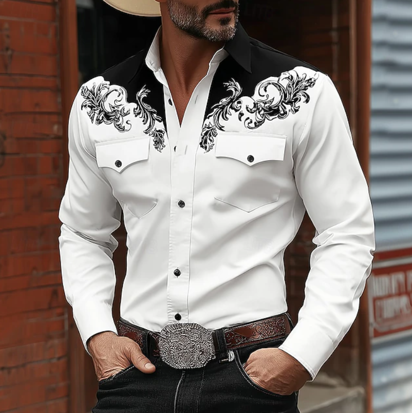 Men's fashion western embroidered long-sleeve button-up shirt, a stylish and unique piece for a distinctive cowboy aesthetic.