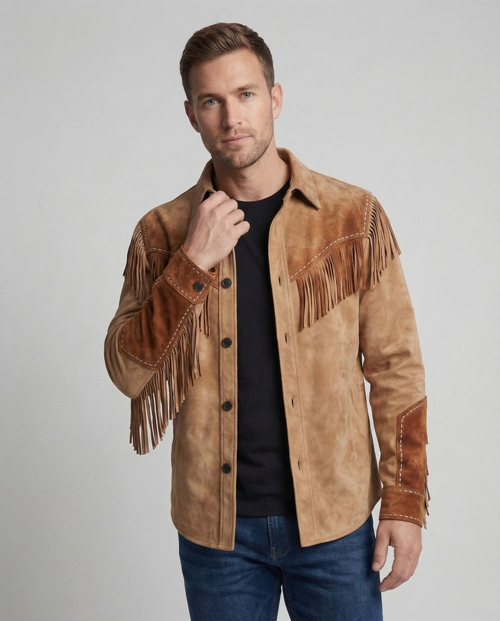 Stylish men's Western shirt with classic fringe detail on front & back, ideal for festivals, stage wear, or country outfits.