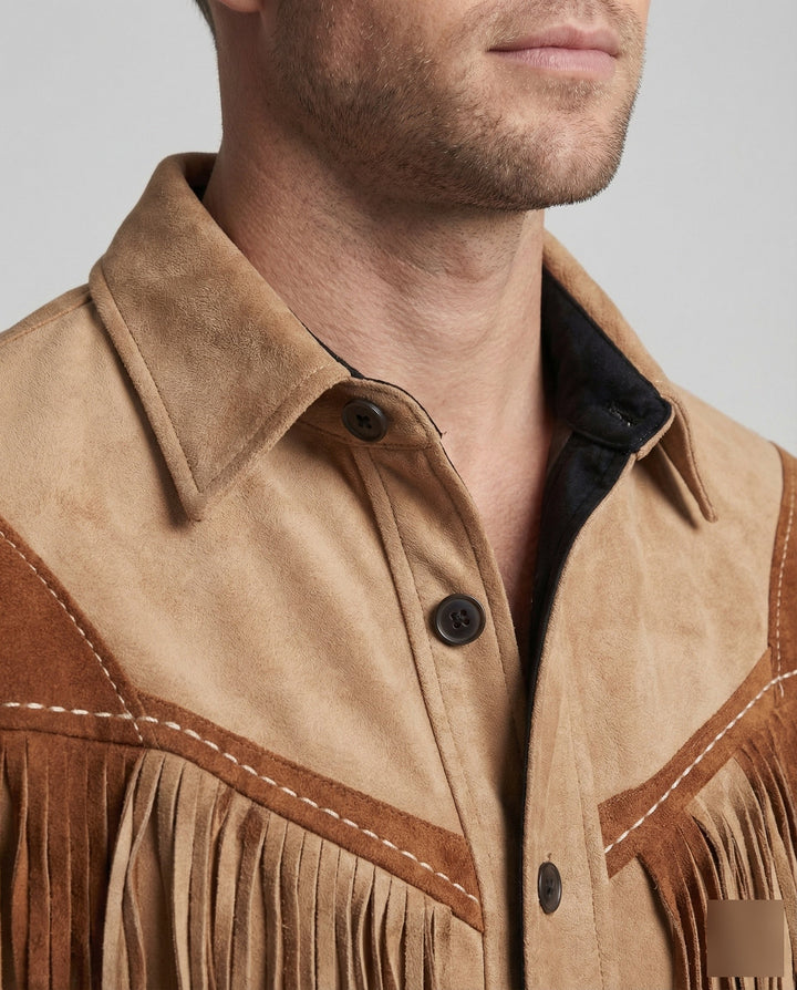 Men's embroidered Western shirt with unique pattern & fringe, long sleeve, a statement top for casual wear or special events.