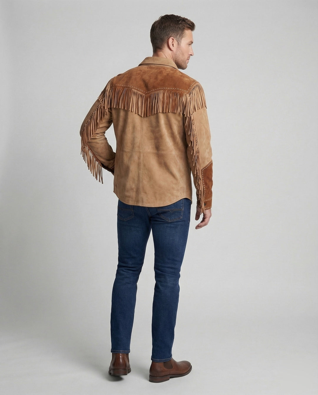 Classic men's cowboy shirt with elaborate fringing & detailed Western embroidery. Great for country casual, stages, or events.