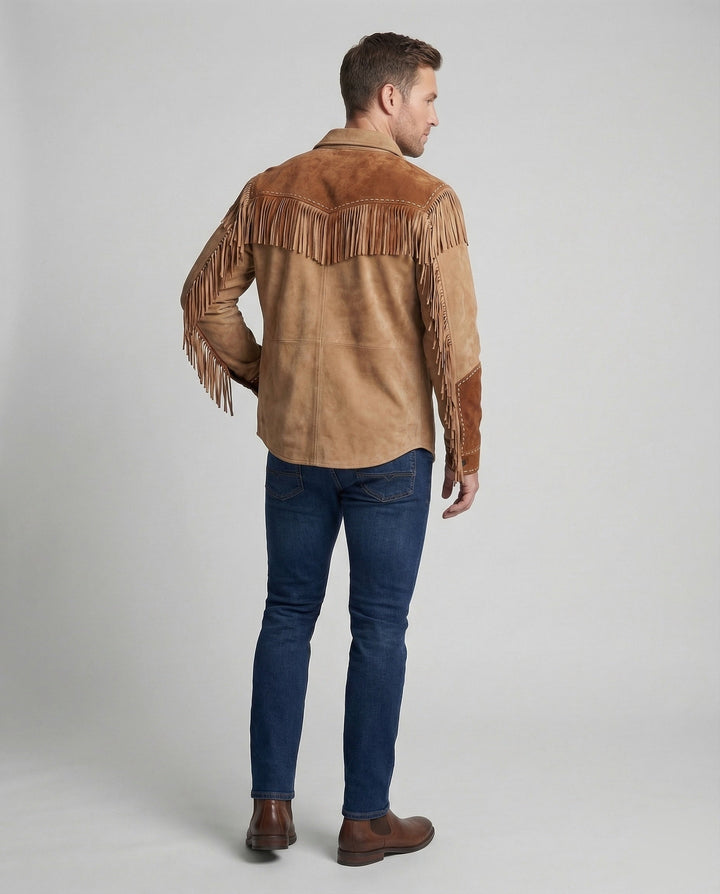 Classic men's cowboy shirt with elaborate fringing & detailed Western embroidery. Great for country casual, stages, or events.