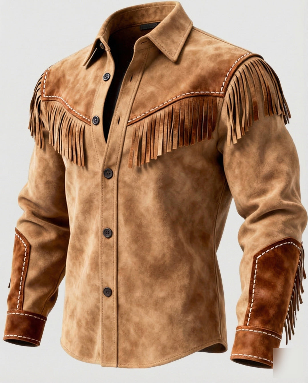 Men's long-sleeve Western shirt, fringed & embroidered. A unique statement top for festivals, stage wear, or everyday country style.