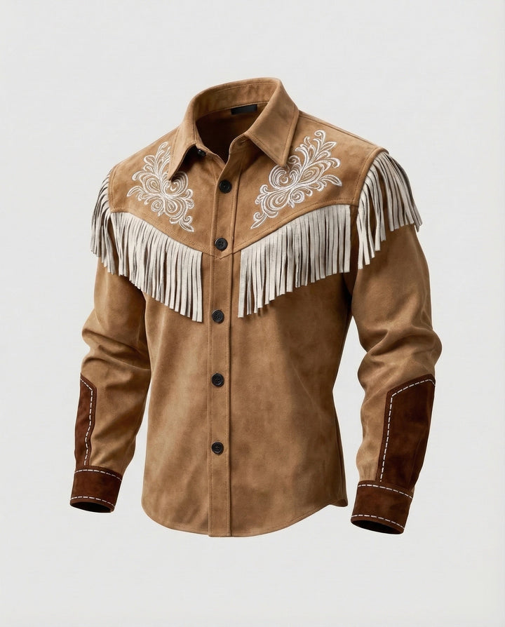 Detailed black men's Western shirt with contrast white embroidery & long fringe, creating a striking country fashion statement.