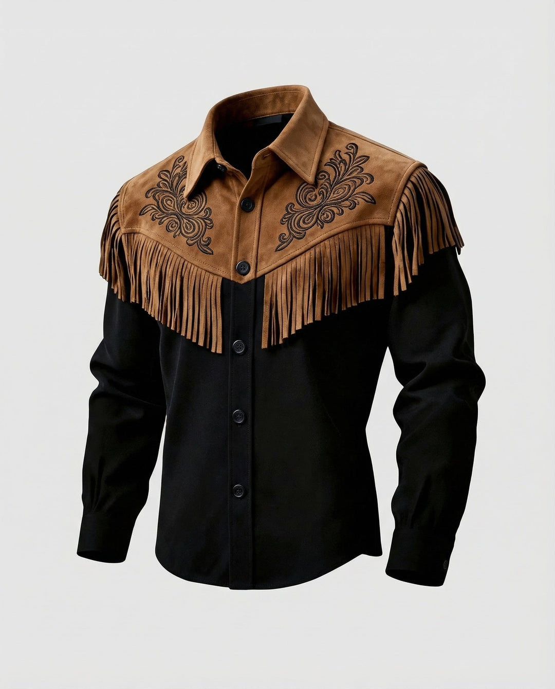 Men's long-sleeve Western cowboy shirt, featuring prominent fringe & intricate embroidery for an authentic rugged country look.