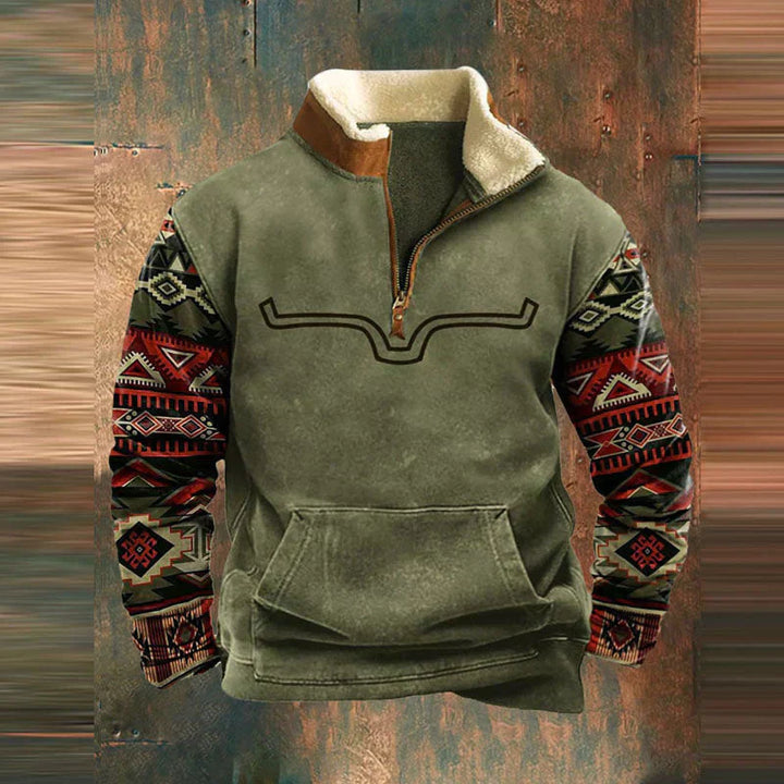 Men's western quarter-zip pullover in orange with a buffalo skull graphic, ideal for casual layering.