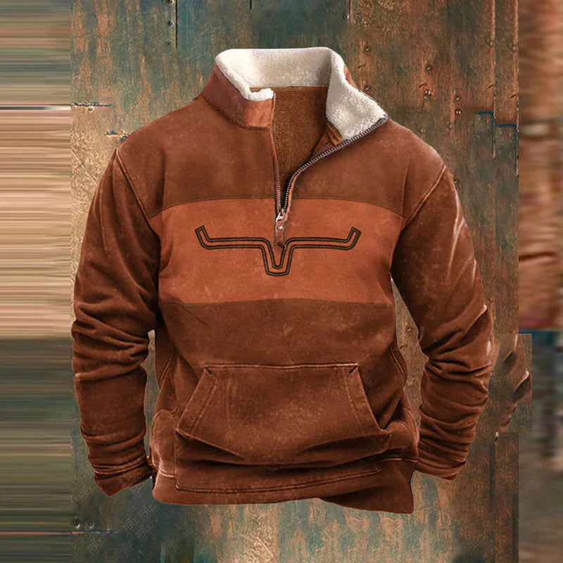 Khaki men's western quarter-zip sweatshirt with a bold buffalo skull graphic, perfect for warm outdoor wear.