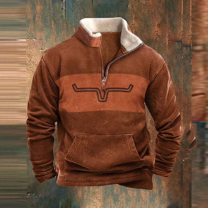 Khaki men's western quarter-zip sweatshirt with a bold buffalo skull graphic, perfect for warm outdoor wear.