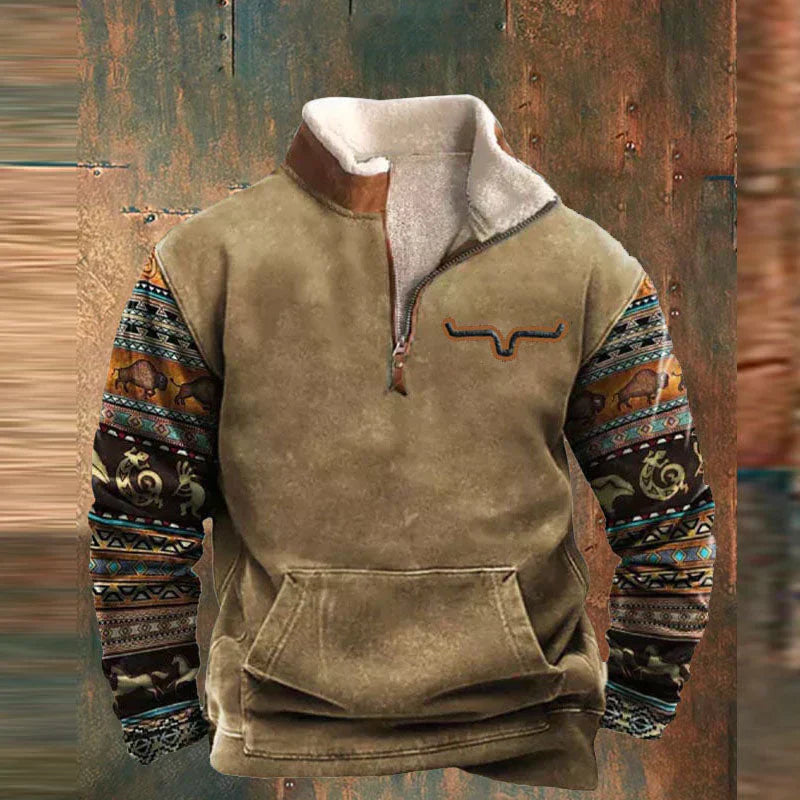 Stylish men's western quarter-zip with buffalo skull graphic print; a warm casual pullover for everyday wear.