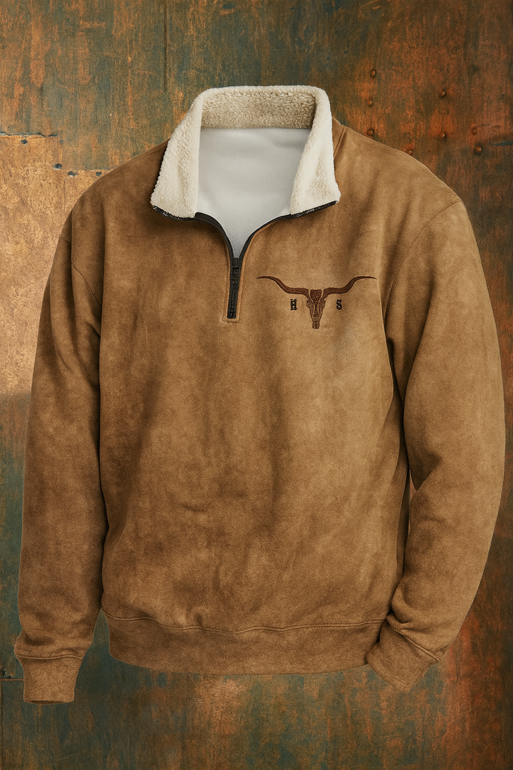 Comfortable men's western quarter-zip pullover, featuring a unique buffalo skull graphic print, great for layering.
