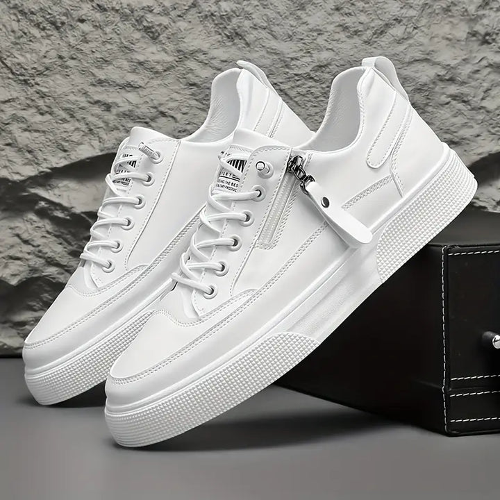 Men's white Hudson leather trainers with side zip, sleek low-top design for easy wear & smart casual style.