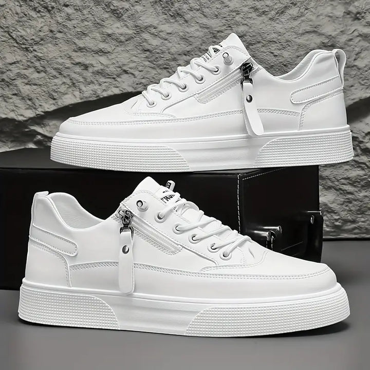 Comfortable men's everyday sneakers, Hudson leather with practical side zip closure. Perfect for travel & casual wear.
