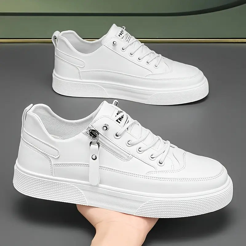 Stylish men's white leather sneakers, featuring a convenient side zip & cushioned sole for all-day comfort.