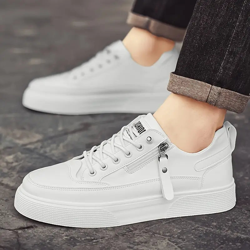 Men's smart casual low-top trainers, white Hudson leather with side zip. Cushioned footwear for modern men's fashion.