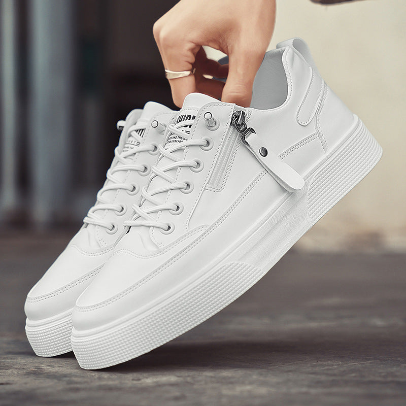 Versatile men's white sneakers, Hudson leather with side zip, ideal for comfortable daily wear & travel adventures.