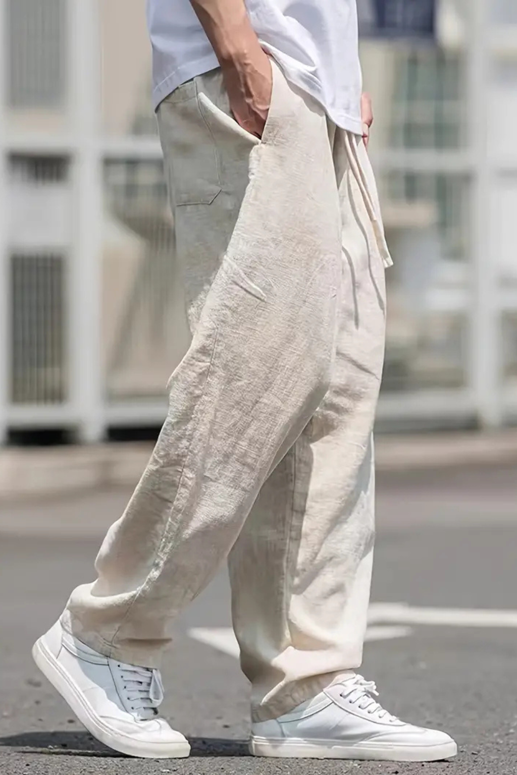 Men's straight wide leg trousers, elastic waist, front pockets. Versatile casual drawstring pants.