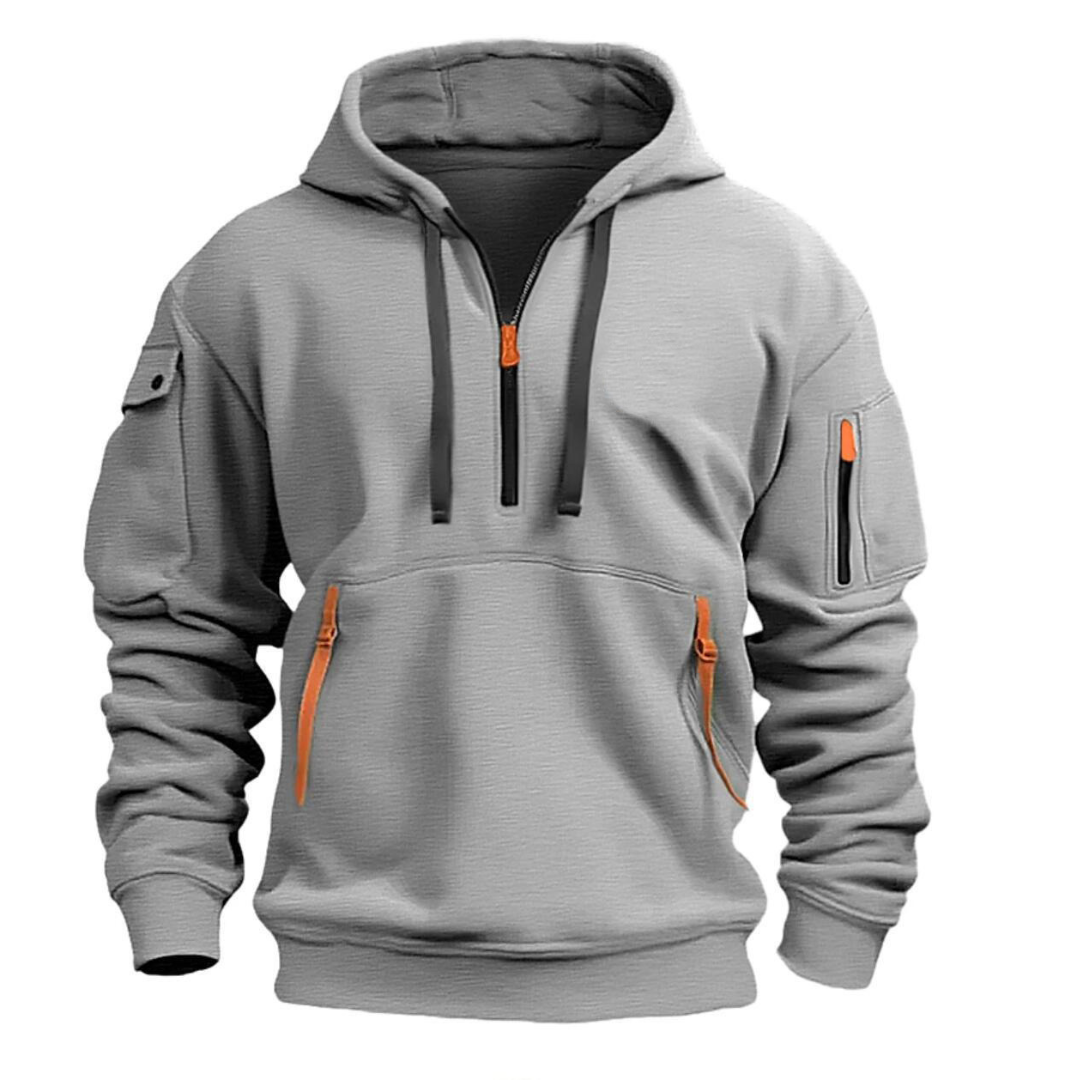 Athletic men's zip front hoodie with adjustable hood, perfect for gym workouts & outdoor activities.