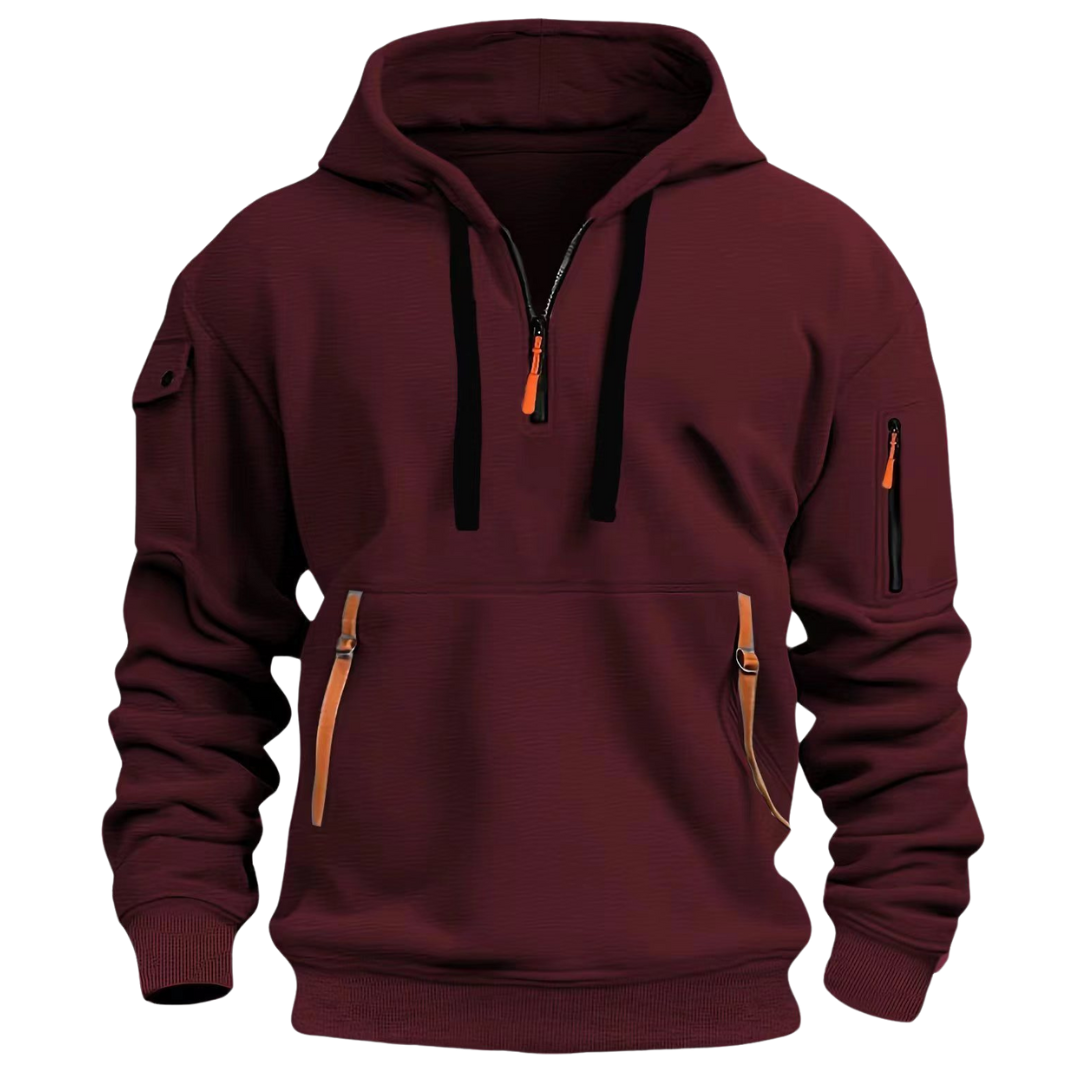 Dark blue men's zip front athletic hoodie, comfortable outerwear for sports & active living.