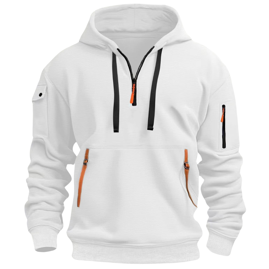 Close-up of men's zip front sports hoodie fabric, highlighting comfortable texture & quality.