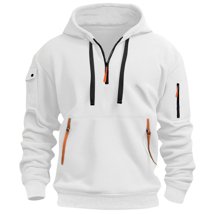 Close-up of men's zip front sports hoodie fabric, highlighting comfortable texture & quality.