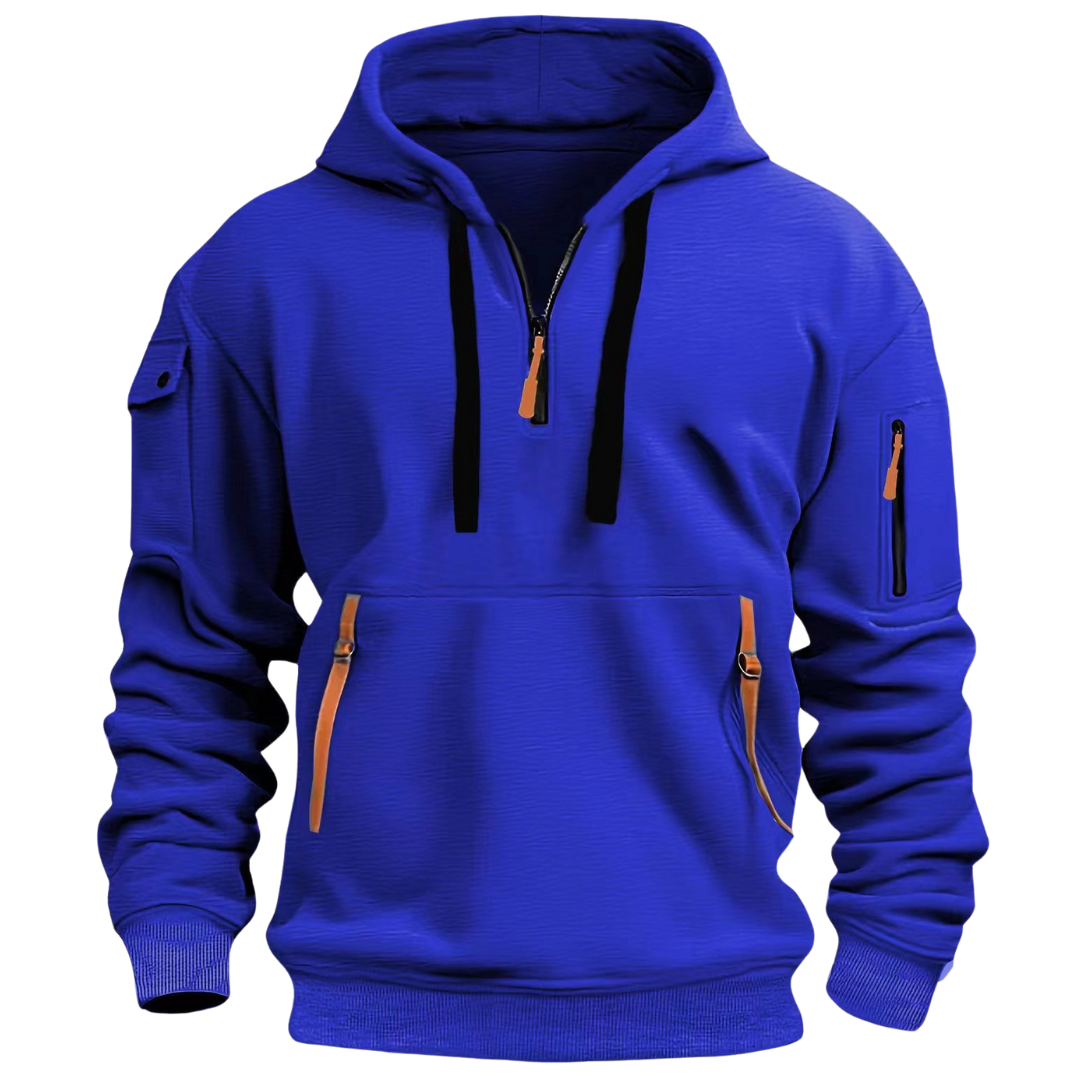 Man wearing a sleek zip front sports hoodie, demonstrating active style & comfort for workouts.