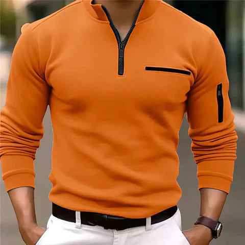 Comfortable men's zip sweater with practical pockets, great for everyday layering.