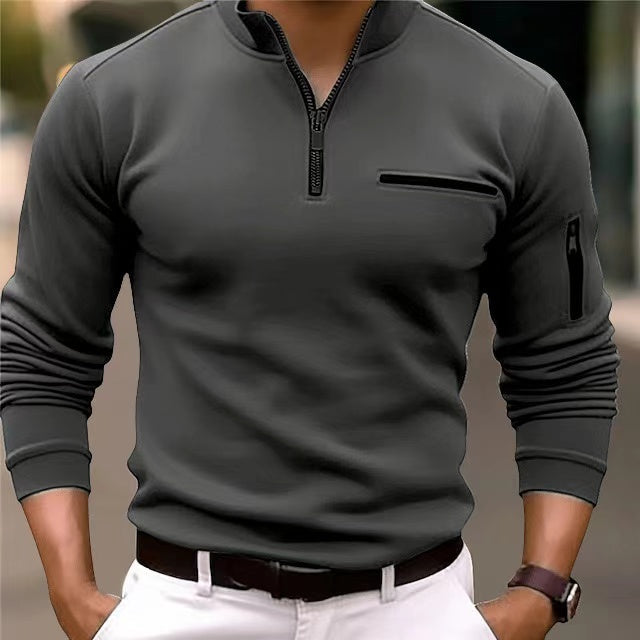 Versatile men's zip sweater with pockets, a comfortable & stylish everyday fashion choice.
