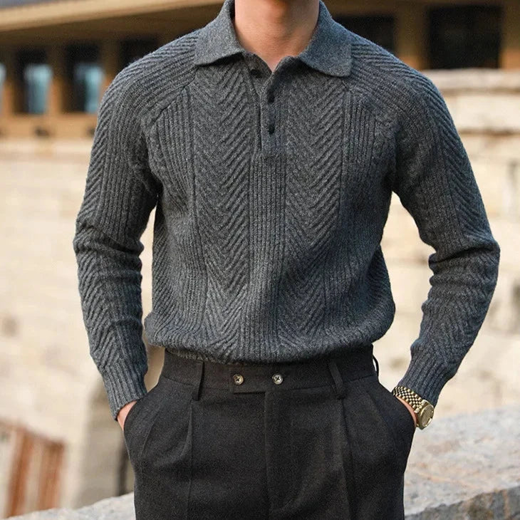Versatile men's long sleeve textured polo, perfect as a collared top for men's fashion.