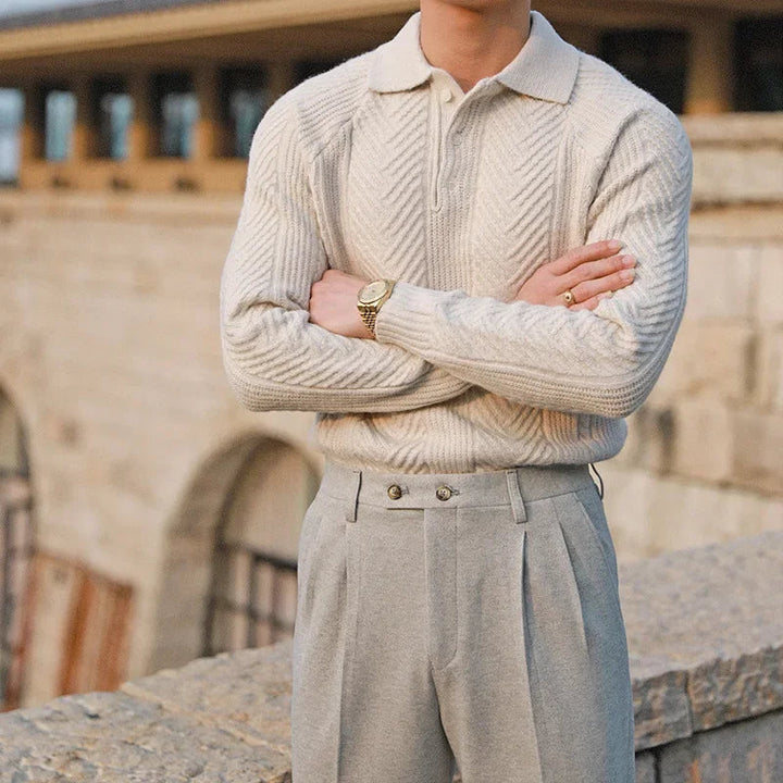 Stylish men's long sleeve knit zip polo, perfect for autumn outfits & men's fashion.