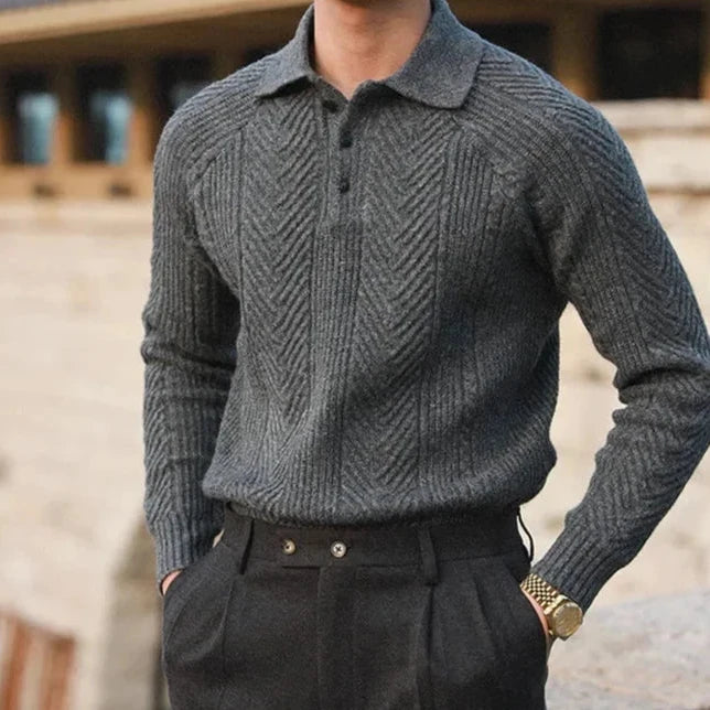 Autumn essential: men's long sleeve knit zip polo shirt with a stylish ribbed finish.