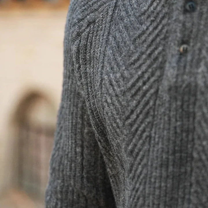 Men's long sleeve casual polo, high-quality knit with a practical zip front detail.
