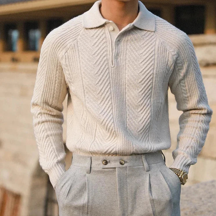 Men's Long Sleeve Knit Zip Polo Shirt, a textured collared top for casual wear.