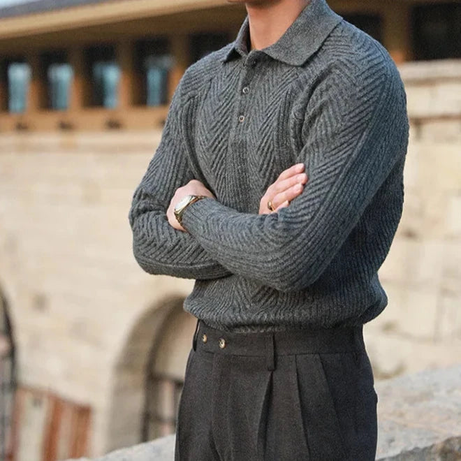 Durable long sleeve knit zip polo for men, a comfortable and stylish collared top.