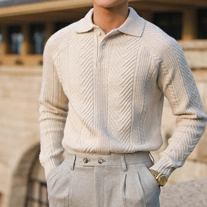 Comfortable ribbed men's long sleeve zip polo in a modern knit texture, a versatile collared shirt.