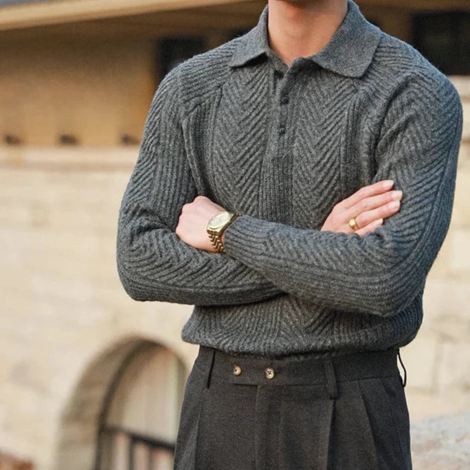 Modern men's zip polo shirt, featuring long sleeves and a cozy knit texture for autumn.