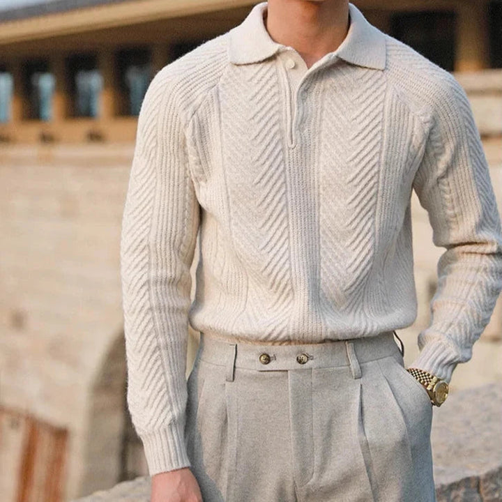 Men's fashion long sleeve knit polo with convenient zip detail, great for everyday styling.