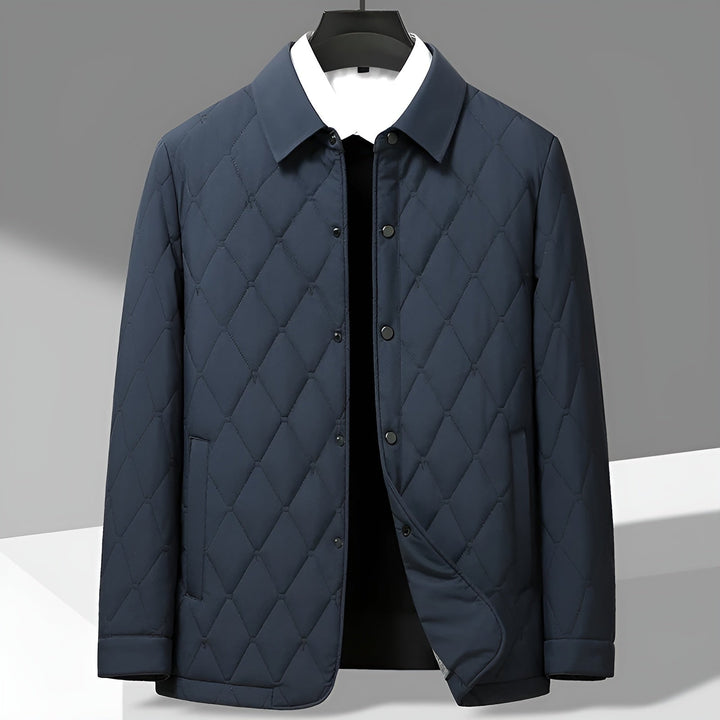 Stylish men's diamond quilted jacket with button-down front, perfect for classic autumn casual wear and layering.