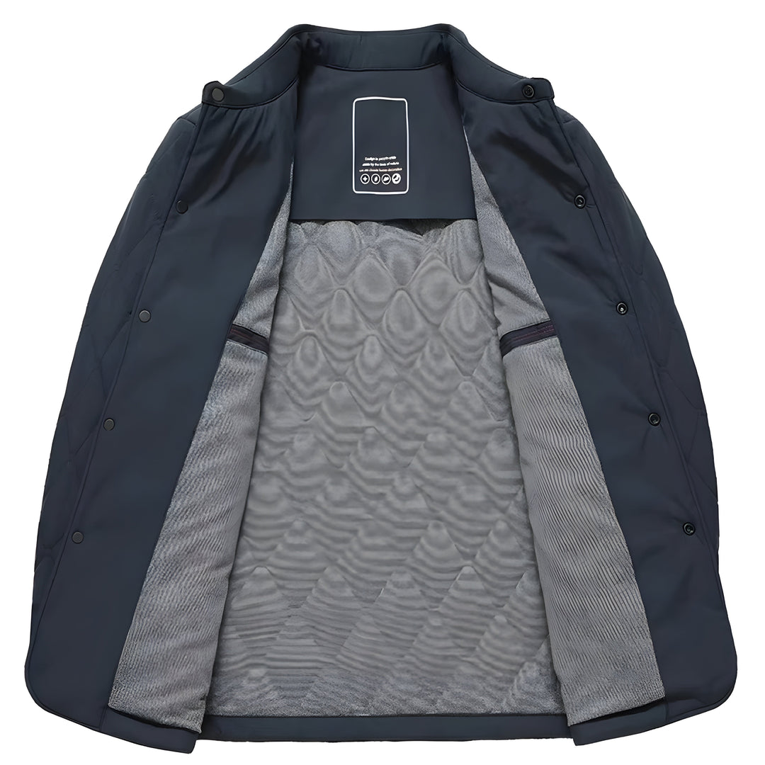 Close-up of a men's classic diamond quilted button-down jacket, showcasing its timeless style and versatile wear.
