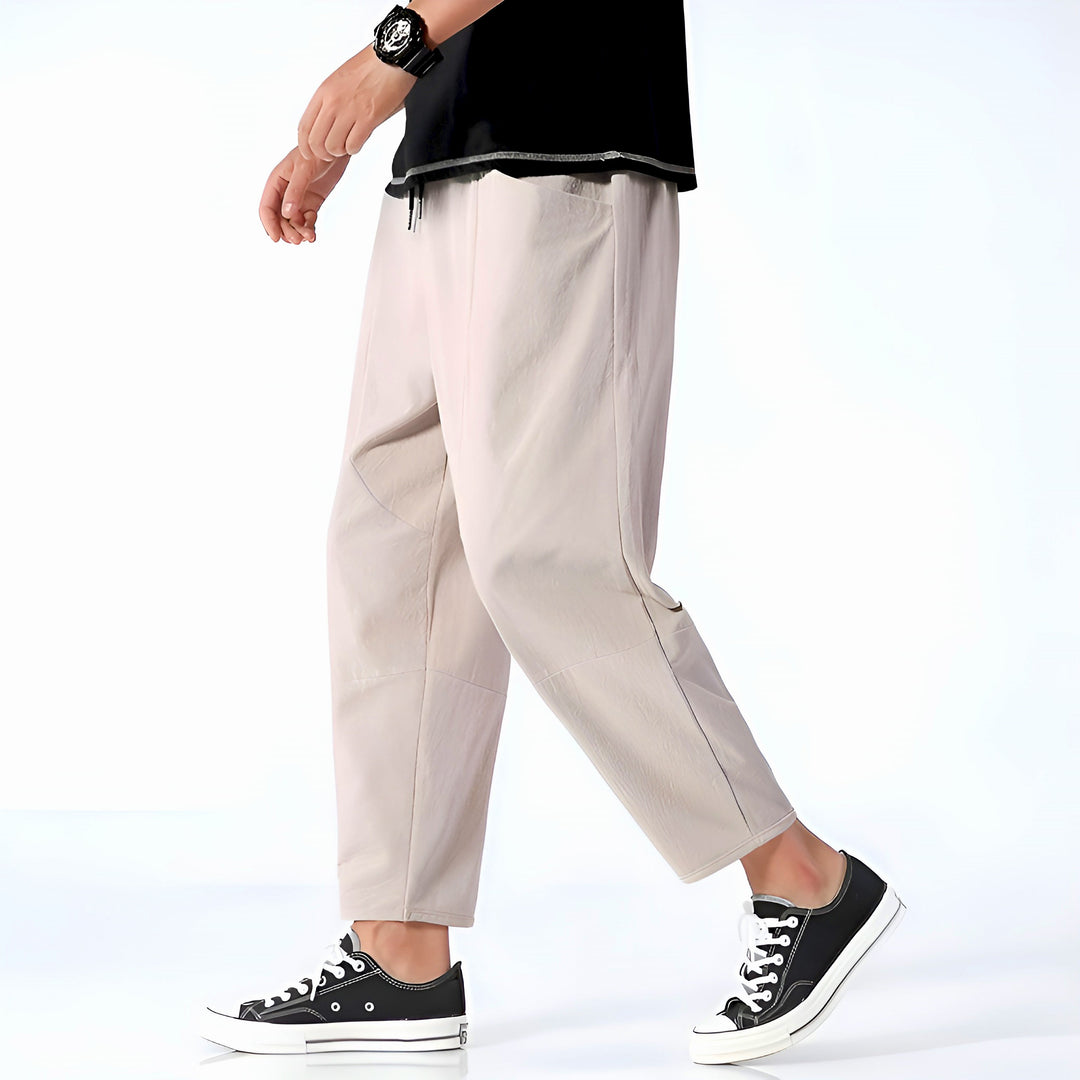 Essential men's relaxed fit cropped chinos for comfortable everyday style, blending modern casual and summer fashion.