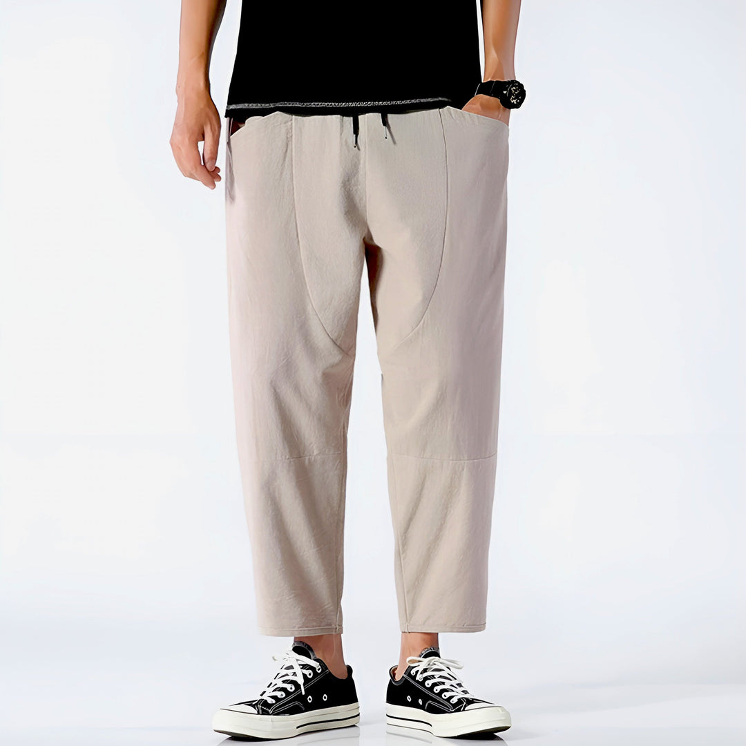 Versatile men's relaxed fit cropped chinos, offering comfortable everyday style perfect for summer casual wear.