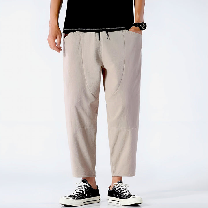 Versatile men's relaxed fit cropped chinos, offering comfortable everyday style perfect for summer casual wear.