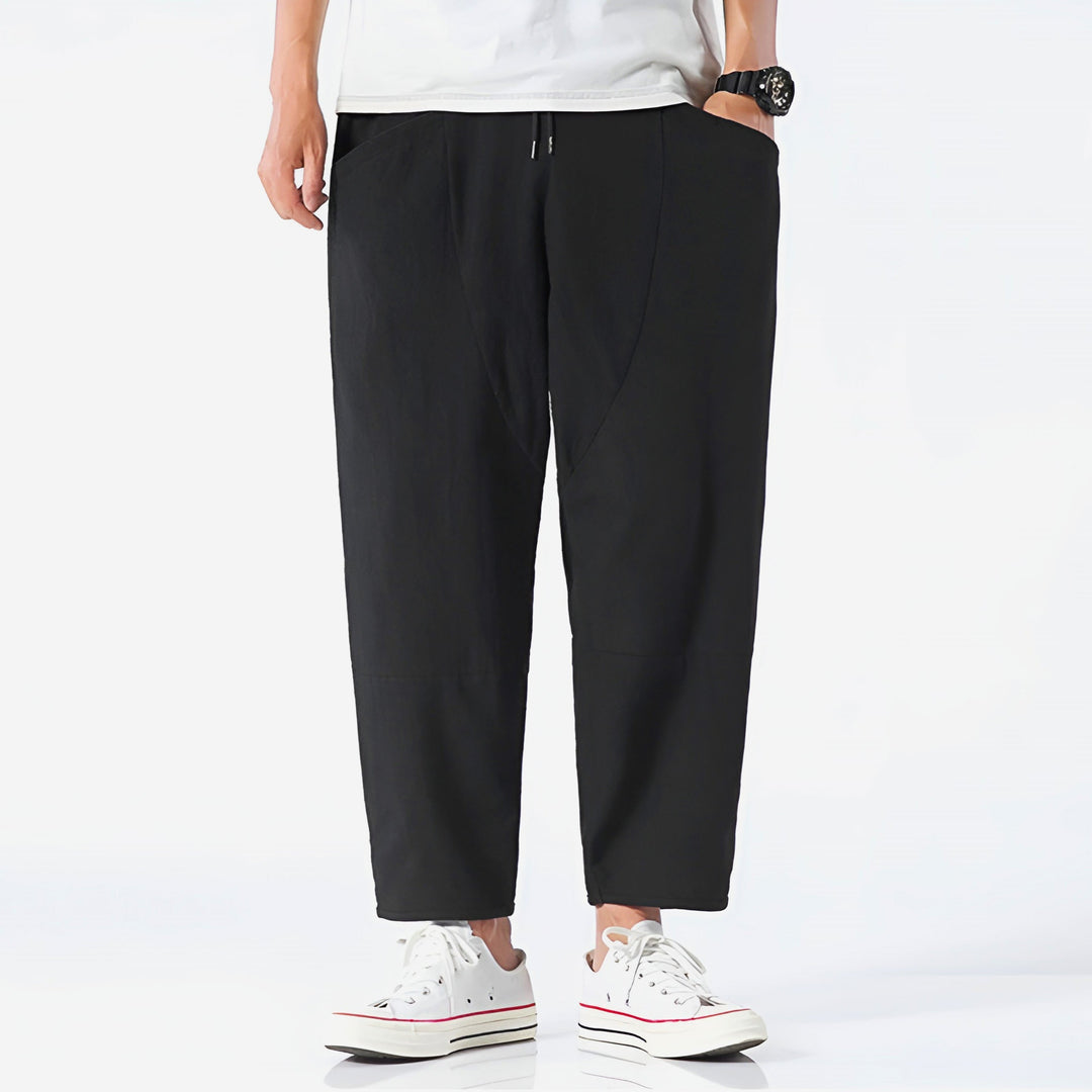 Detail of pocket on men's relaxed fit cropped chinos, combining function with modern casual aesthetic.