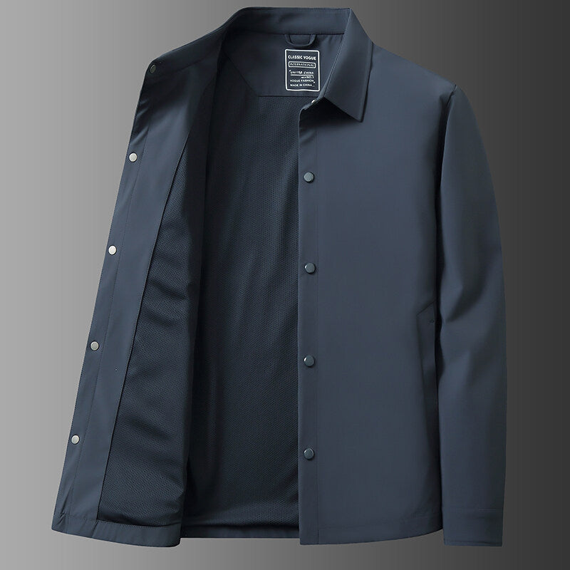Stylish men's snap front shirt jacket, perfect for versatile layering & casual fashion. Comfortable outerwear.